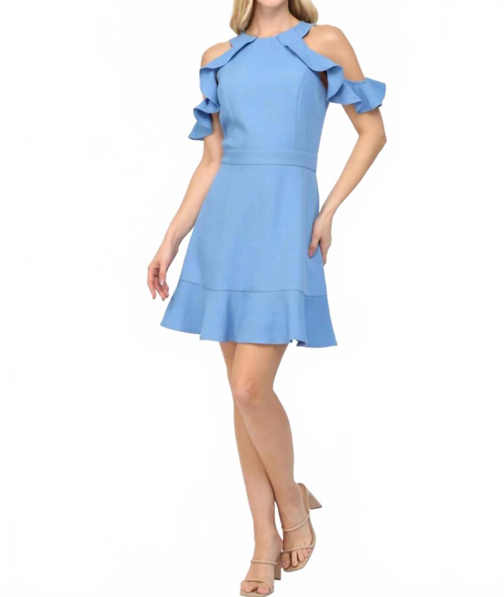 NEW FATE cold shoulder ruffle sleeve mini dress in blue